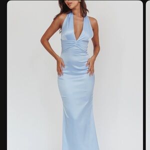 Selfie Leslie Italia Azure Pleat Bodice Halterneck Maxi Dress Light Blue